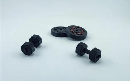 Halteres e discos em miniatura impressos em 3D
