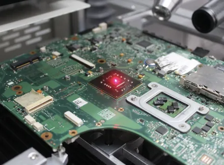 Placa-mãe com o ponto vermelho do centralizador laser sobre o chip